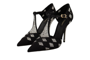 Dolce & Gabbana Black Crystals T-strap Heels Pumps Shoes - DEA STILOSA MILANO