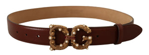 Dolce & Gabbana Brown Leather Brass Logo Buckle Amore Belt - DEA STILOSA MILANO