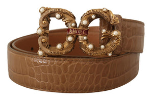 Dolce & Gabbana Brown Crocodile Pattern Leather Logo Amore  Belt - DEA STILOSA MILANO