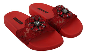 Dolce & Gabbana Red Lace Crystal Sandals Slides Beach Shoes - DEA STILOSA MILANO