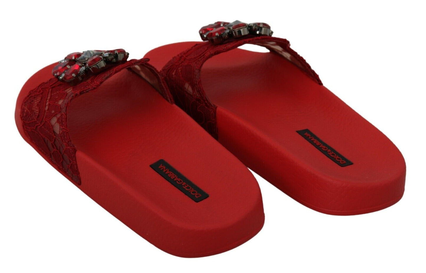 Dolce & Gabbana Red Lace Crystal Sandals Slides Beach Shoes - DEA STILOSA MILANO