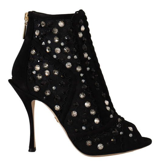 Dolce & Gabbana Black Crystals Heels Zipper Short Boots Shoes - DEA STILOSA MILANO