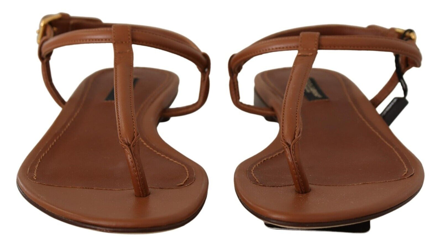 Dolce & Gabbana Brown Leather T-strap Slides Flats Sandals Shoes - DEA STILOSA MILANO