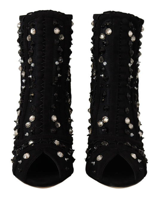 Dolce & Gabbana Black Crystals Heels Zipper Short Boots Shoes - DEA STILOSA MILANO