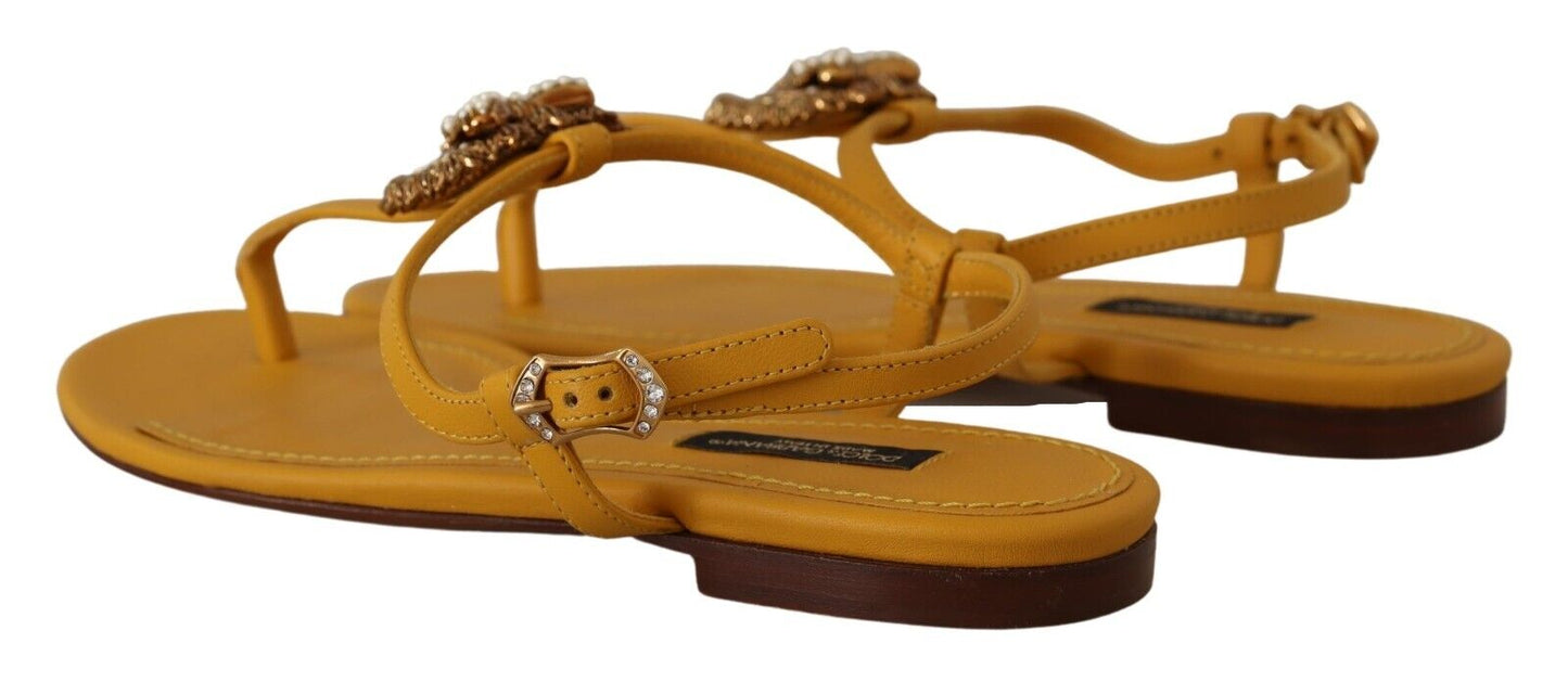 Dolce & Gabbana Mustard Leather Devotion Flats Sandals Shoes - DEA STILOSA MILANO
