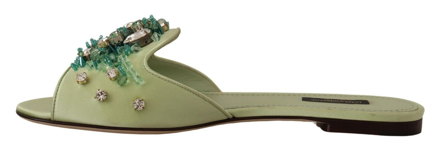 Dolce & Gabbana Green Leather Crystals Slides Women Flats Shoes - DEA STILOSA MILANO