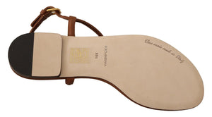 Dolce & Gabbana Brown Leather T-strap Slides Flats Sandals Shoes - DEA STILOSA MILANO