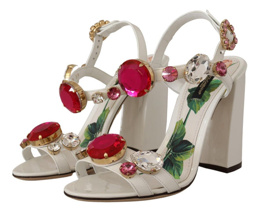 Dolce & Gabbana White Leather Crystal Keira Heels Sandals Shoes - DEA STILOSA MILANO