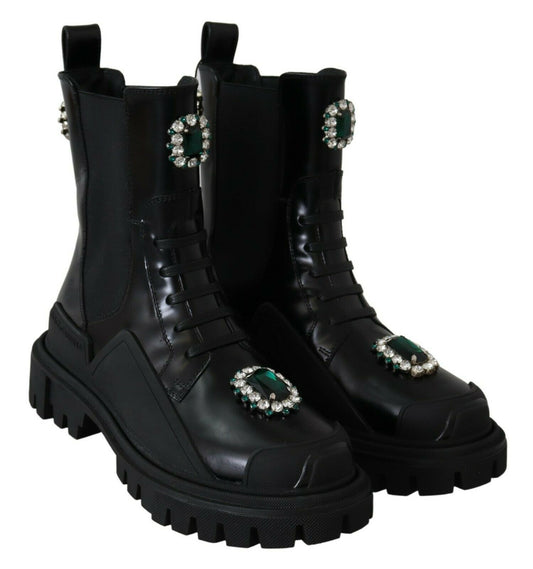 Dolce & Gabbana Black Leather Crystal Combat Boots - DEA STILOSA MILANO