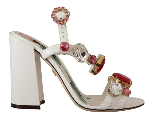 Dolce & Gabbana White Leather Crystal Keira Heels Sandals Shoes - DEA STILOSA MILANO