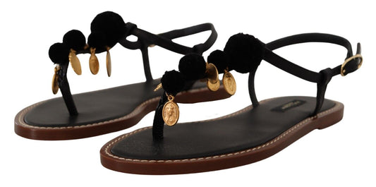 Dolce & Gabbana Black Leather Coins Flip Flops Sandals Shoes - DEA STILOSA MILANO