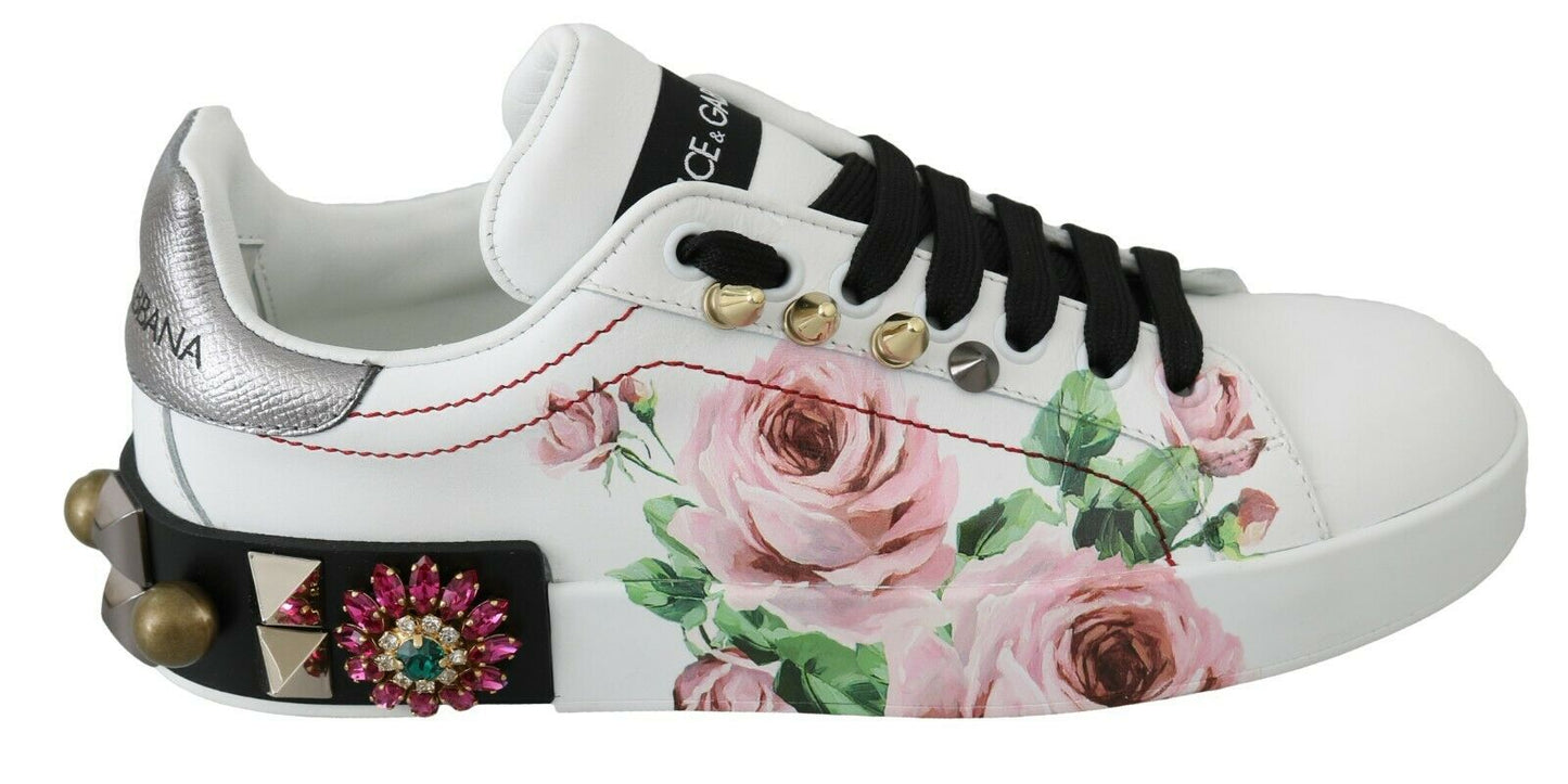 Dolce & Gabbana White Leather Crystal Roses Floral Sneakers Shoes - DEA STILOSA MILANO