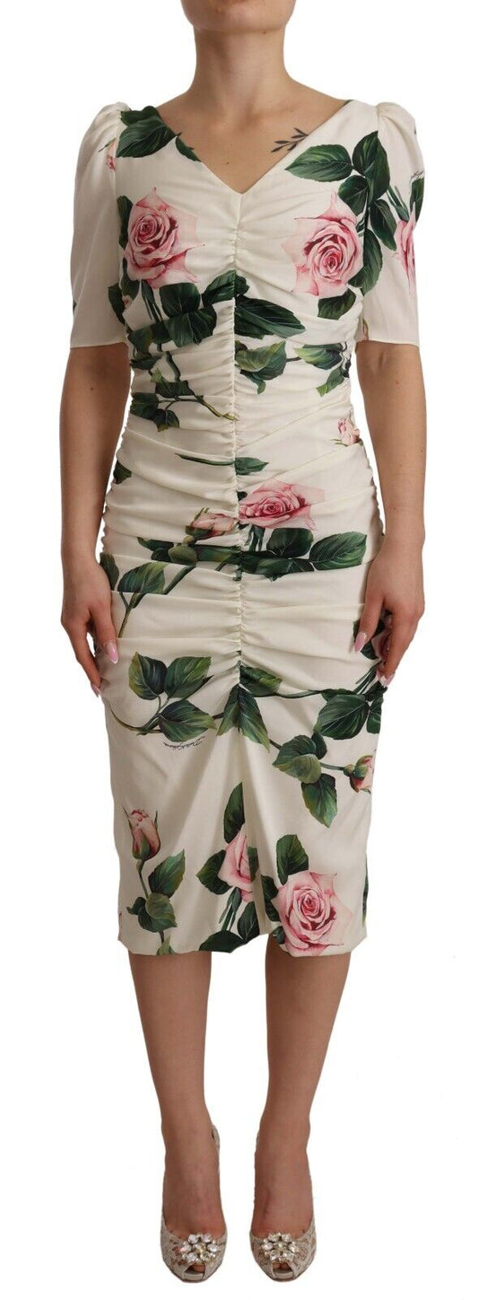 Dolce & Gabbana White Roses Print Stretch Silk Pleated Dress - DEA STILOSA MILANO