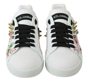 Dolce & Gabbana White Leather Crystal Roses Floral Sneakers Shoes - DEA STILOSA MILANO