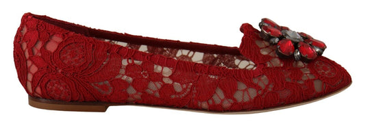 Dolce & Gabbana Red Lace Crystal Ballet Flats Loafers Shoes - DEA STILOSA MILANO