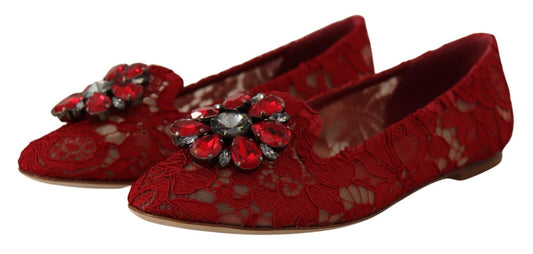 Dolce & Gabbana Red Lace Crystal Ballet Flats Loafers Shoes - DEA STILOSA MILANO