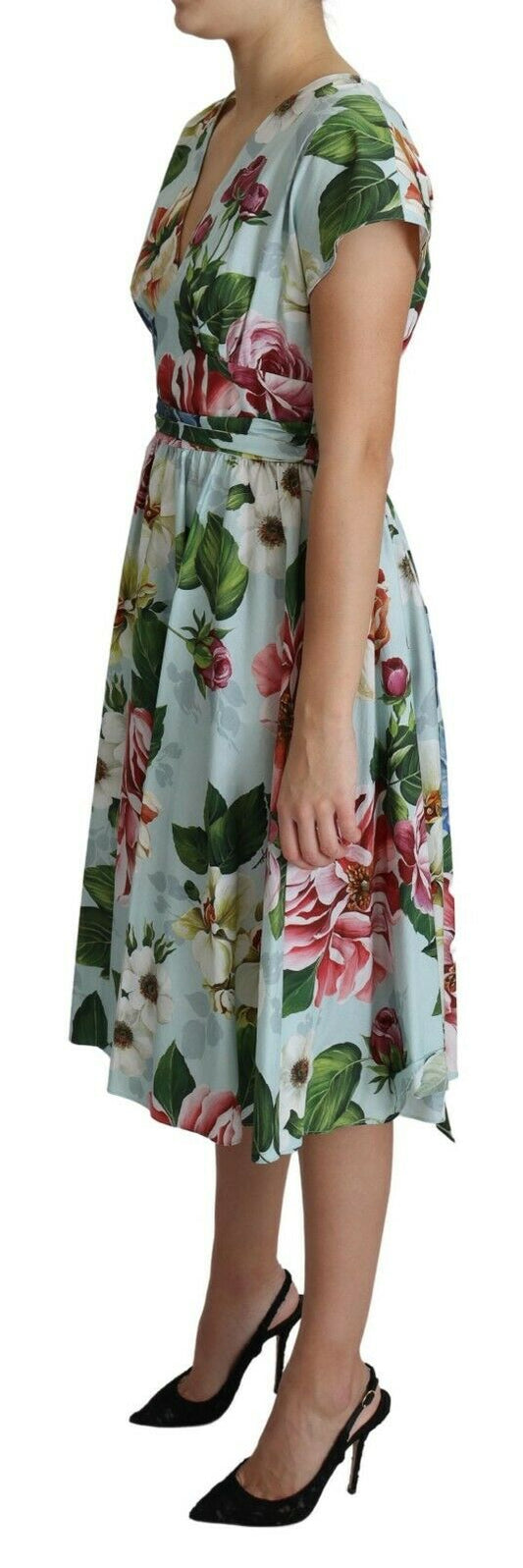 Dolce & Gabbana Green Floral Short Sleeves V-neck Dress - DEA STILOSA MILANO