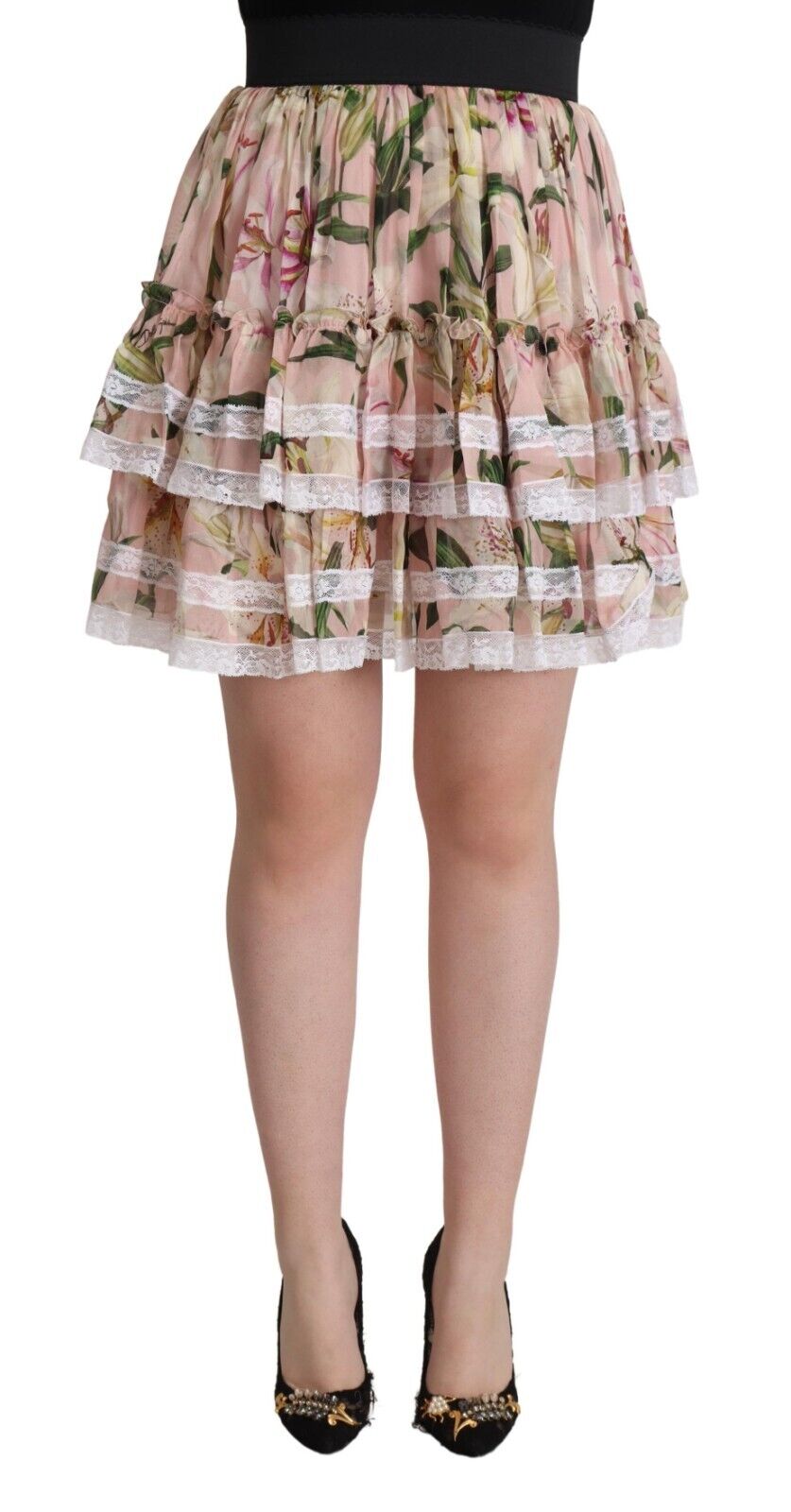 Dolce & Gabbana Pink Lily Print Silk Mini Tiered A-line Skirt - DEA STILOSA MILANO