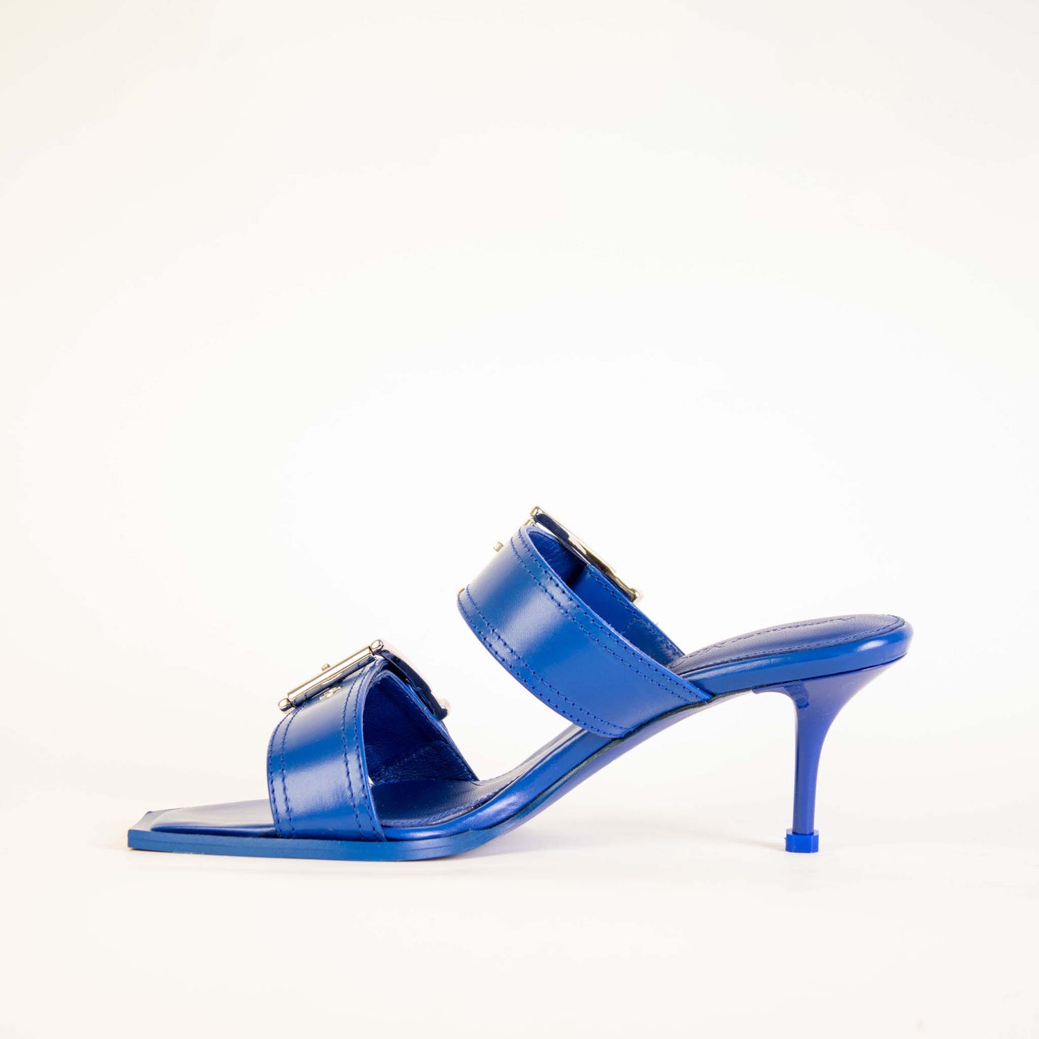 Alexander McQueen Blue Heeled Buckle Leather Sandals - DEA STILOSA MILANO