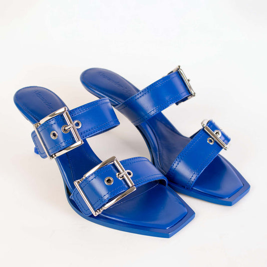 Alexander McQueen Blue Heeled Buckle Leather Sandals - DEA STILOSA MILANO