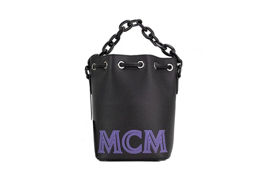 MCM Signature Berlin Gold Diamond Logo Leather Mini Round Top Tote  Crossbody Bag